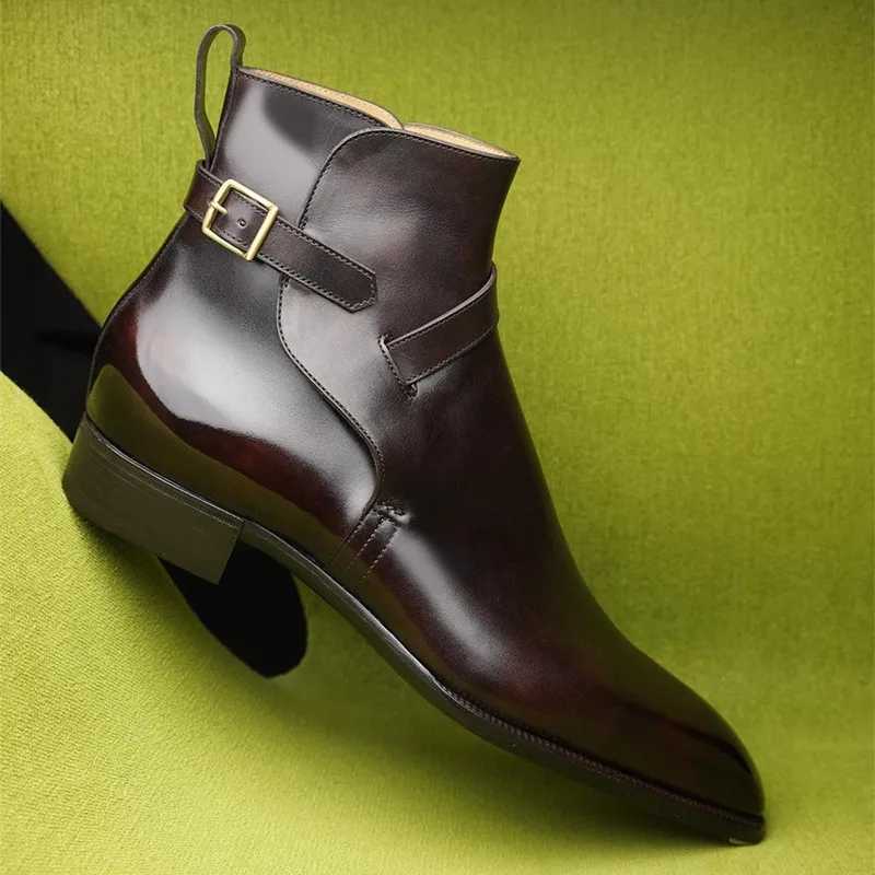 New Brown Short Boots for Men Black Buckle Strap Fi Ankle Boots Business Square Toe Men BootsXJ241212