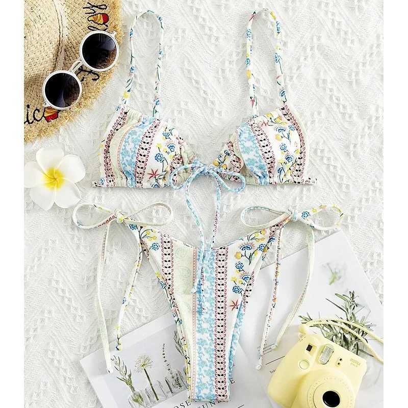 2022 Floral Print String Bandage Bikini Set Swimwear Women Summer Sexy Push Up Bathing Suit Beachwear Halter Biqiuni SwimsuitXJ241212