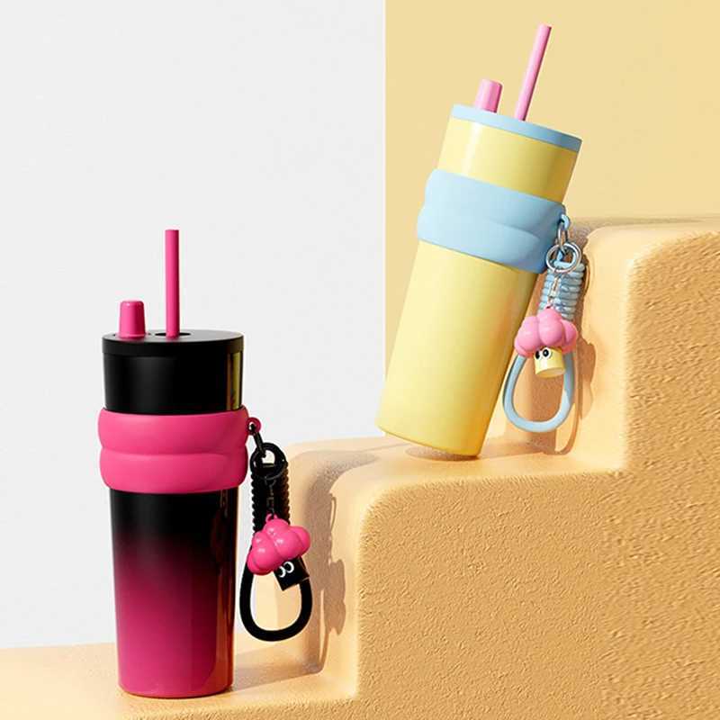 710ml hot g stainless steel vacuum foil inflatable water bottle with straw coffee cup wagon portable Y241211