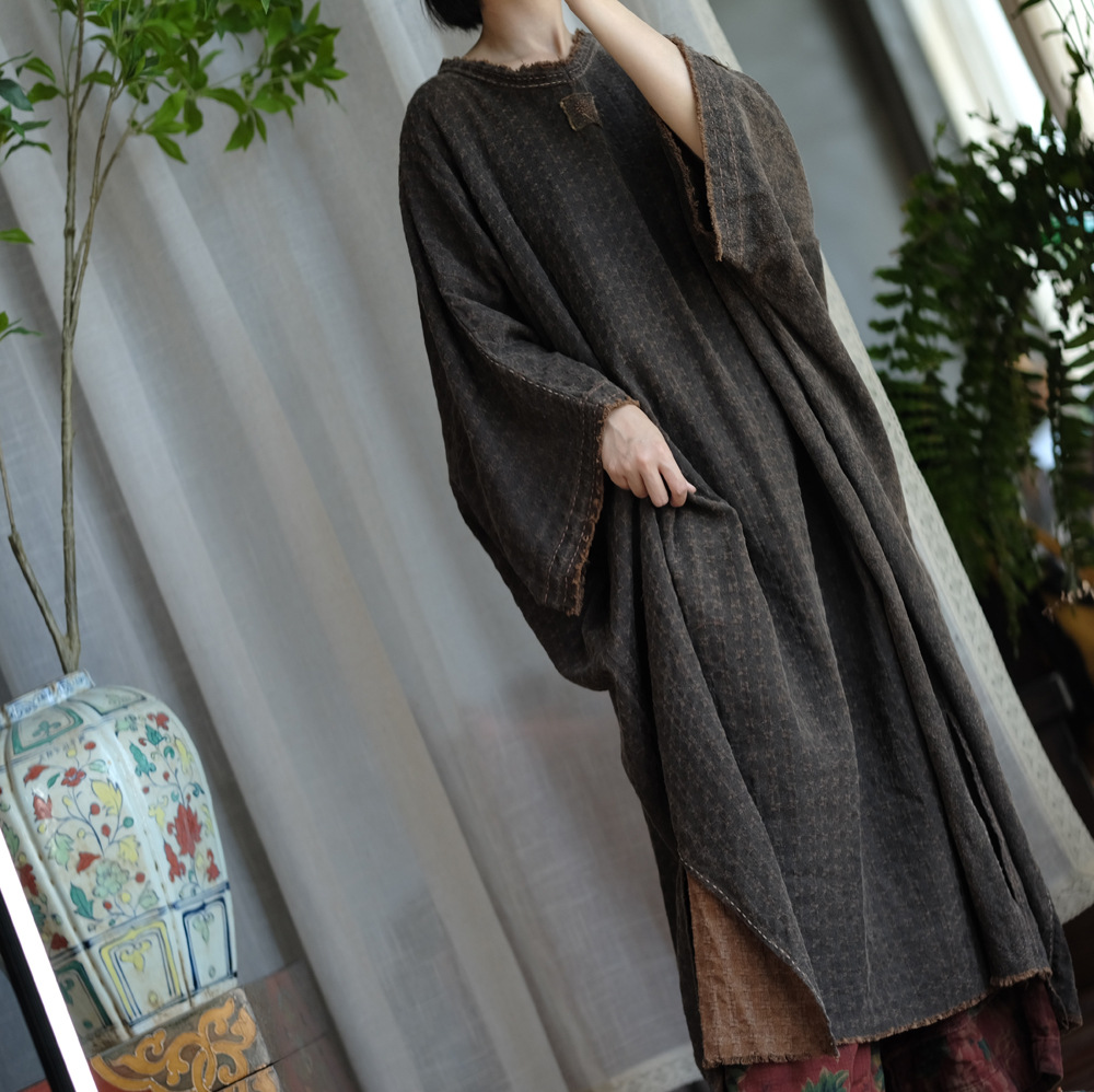 F8020 Luoguni light custom original niche design tussah silk loose large version hand-stitched robe dress