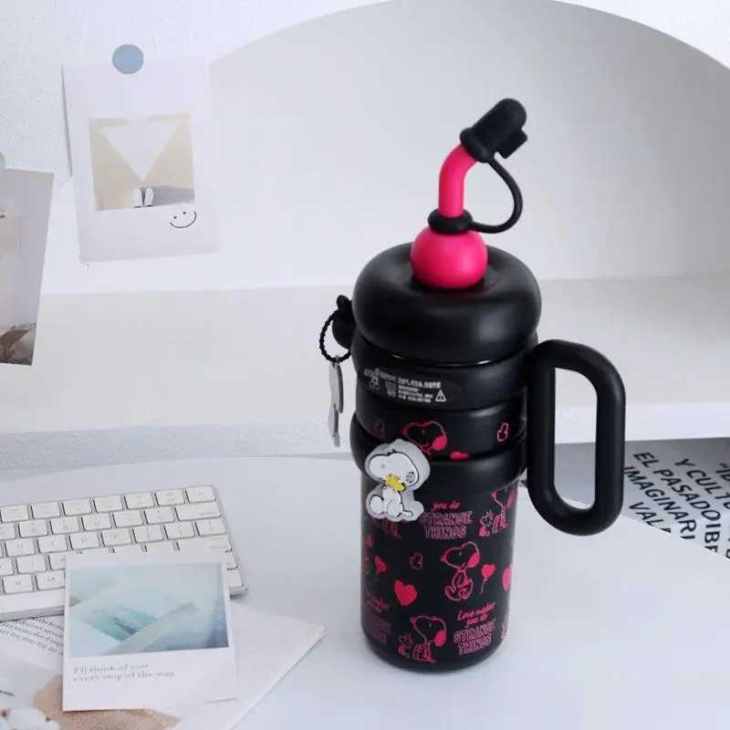 New cartoon cute straw filled cup large capacity water cup ceramic lined straw cup stainless steel cup Y241211
