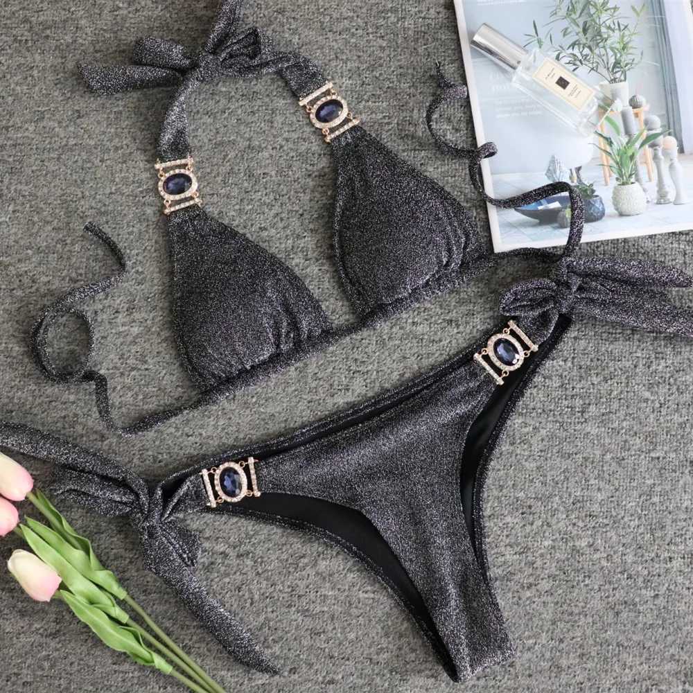 2024 Shiny Rhinestone Bikini Diamond Swimsuit Women Metal Chains Swimwear Fa Two Pieces Bikini Set Halter Bathing Suit SwimXJ241212