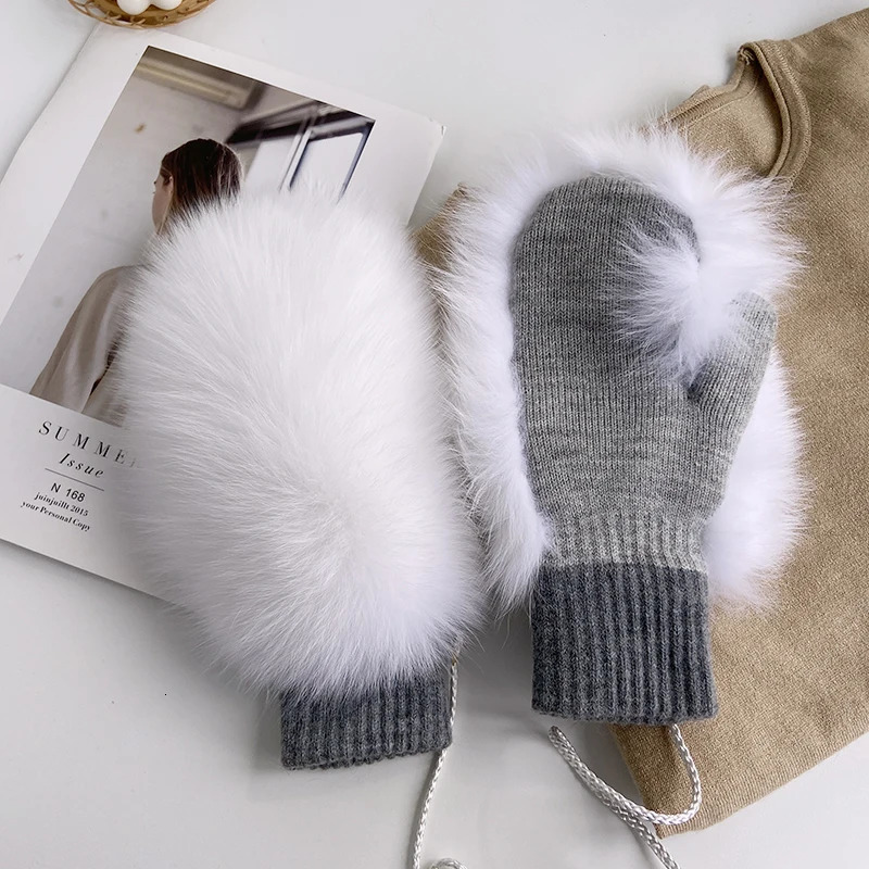 Real Fox Fur Gloves Knitted Women Mittens Winter Girls Fashion Fluffy Warm 100% Real Fox Fur Gloves 241212