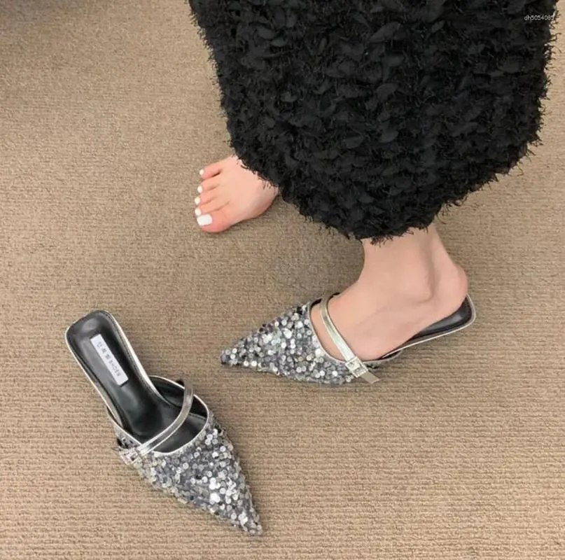 Slippers Spring/Autumn Fashion Sexy Women Shoes Elegant String Bead Crystal Slip-On Chunky Heel Mules Slipper 2024 Dresses