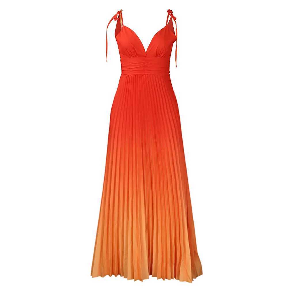 Urban Sexy Dresses Women Dress Sexy Long Dresses Pleated Sling Slveless Slim Fit V Neck High Waist Elegant Splice Gown Gradient Vestidos Y2412122AFN
