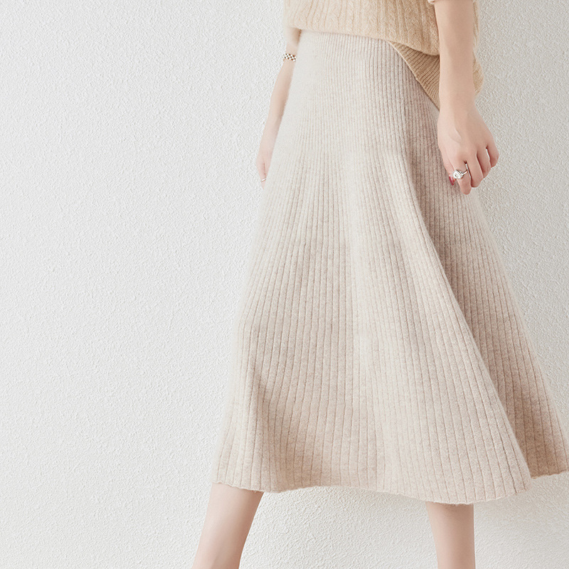 B721New wool skirt A version slim all-match skirt women's thickened knitted umbrella skirt large size solid color skirt