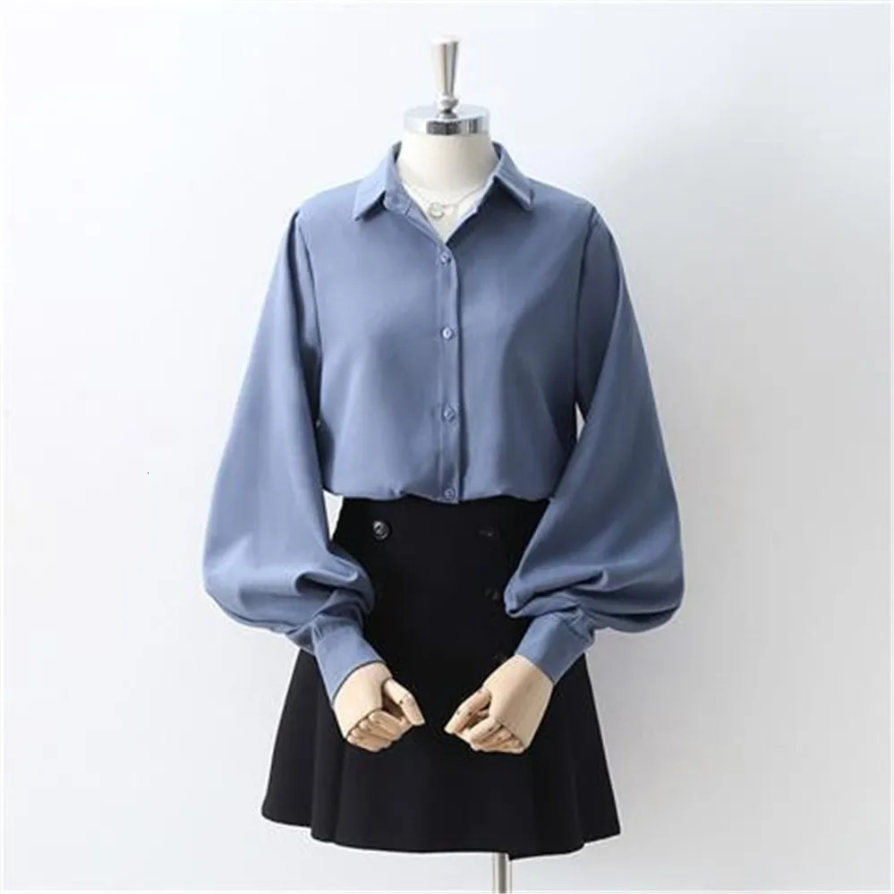 Korean style womens lantern sleeves loose collar simple solid womens shirt autumn full matching fashion 241211