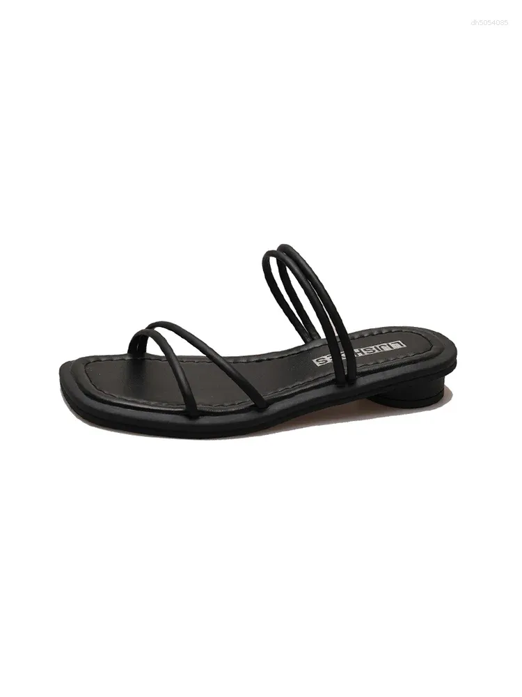 Slippers Shoes Square Heel Ladies' Low Rubber Flip ps Slipers Women Block Hawaiian Soft 2024 Summer Fabric Rome PU Slides Hoo