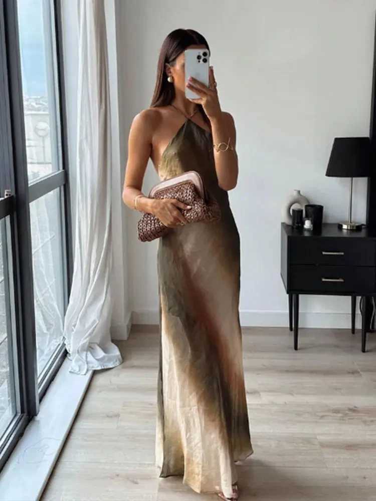 Urban Sexy Dresses Summer Woman Tie Dyed Printed Hanging Neck Midi Long Dress Fashion Slveless Vintage Causal Elegant Slim Dresses Y24121223T8