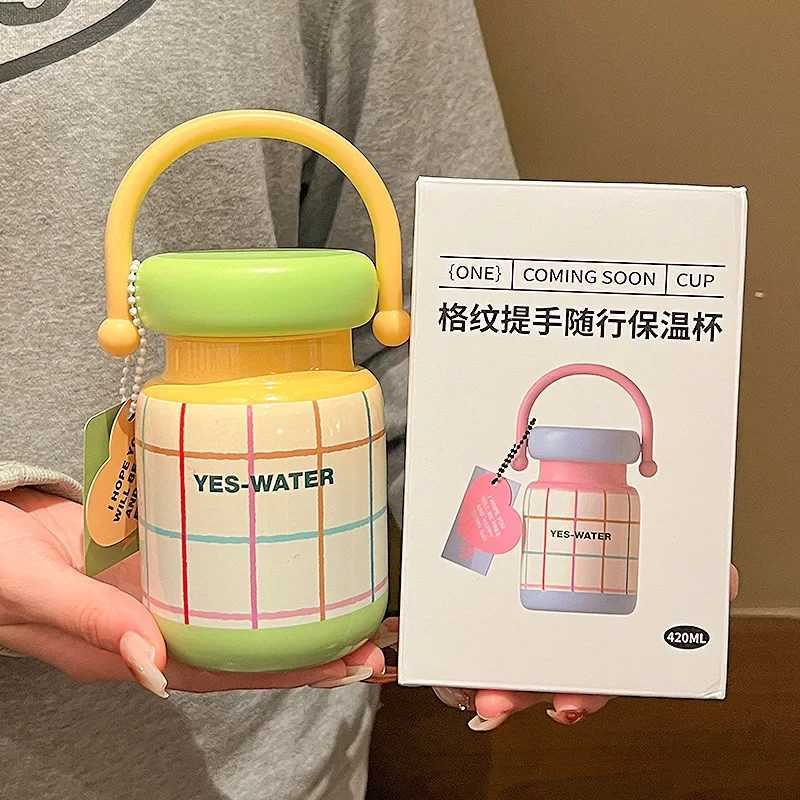 Checkered Handle Accpaning Thermos Cup for WenHigh-lookingFreshStudentPortable Stainless Steel Thermos Cup Y241211