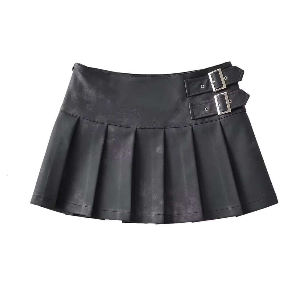 autumn spicy girl retro mid low waist vintage women's age reducing anti slip pleated PU leather A-e short skirt, 2024 new style, chic and elegant