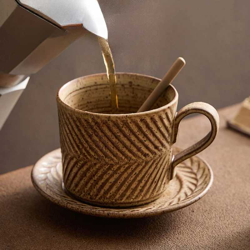 Light Luxury high-end afternoon tea ceramic cup and sauce set home high-end g retro coffee stone product cup Y241211
