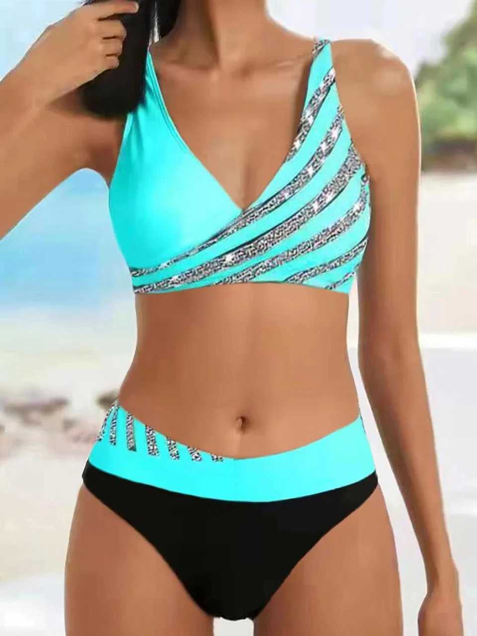 V Neck Bikini Set 2024 Women Stripe Print Patchwork Swimwear Summer Beachwear Swimsuit Fa Bathers Bathing Swimming Suit 2XLXJ241212