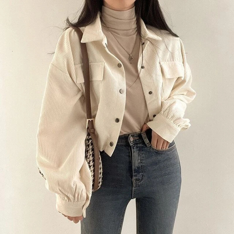 Rimocy Chic Pockets long sleeved cut shirt suitable for Corduroy Drawstring short Korean women wild solid color jacket 241211