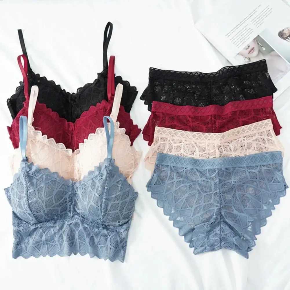 2 Pcs/Set Women Underwear Set Solid Color Hollow Out Lace Adjustable Strap Seamless Wireless High Waist Soft Elastic Anti-septicXJ241212