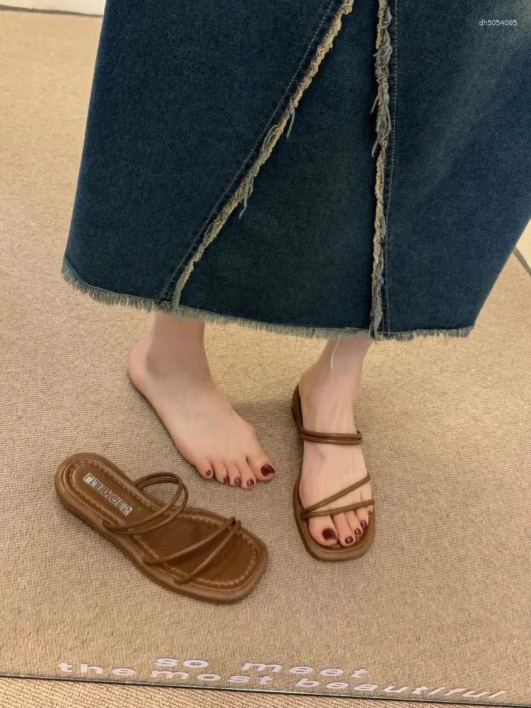 Slippers Shoes Square Heel Ladies' Low Rubber Flip ps Slipers Women Block Hawaiian Soft 2024 Summer Fabric Rome PU Slides Hoo
