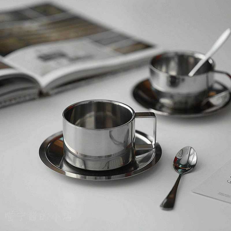 3 pieces/set of new stainless steel coffee cups with tray mixing spoon double wall Crazy Milk Tea G household water cup Y241211