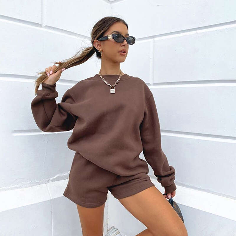 Summer New Long Sleeved Shorts Hoodie Solid Color Short 2-Piece Set Trendy Clothing Fashion Casual Temperament