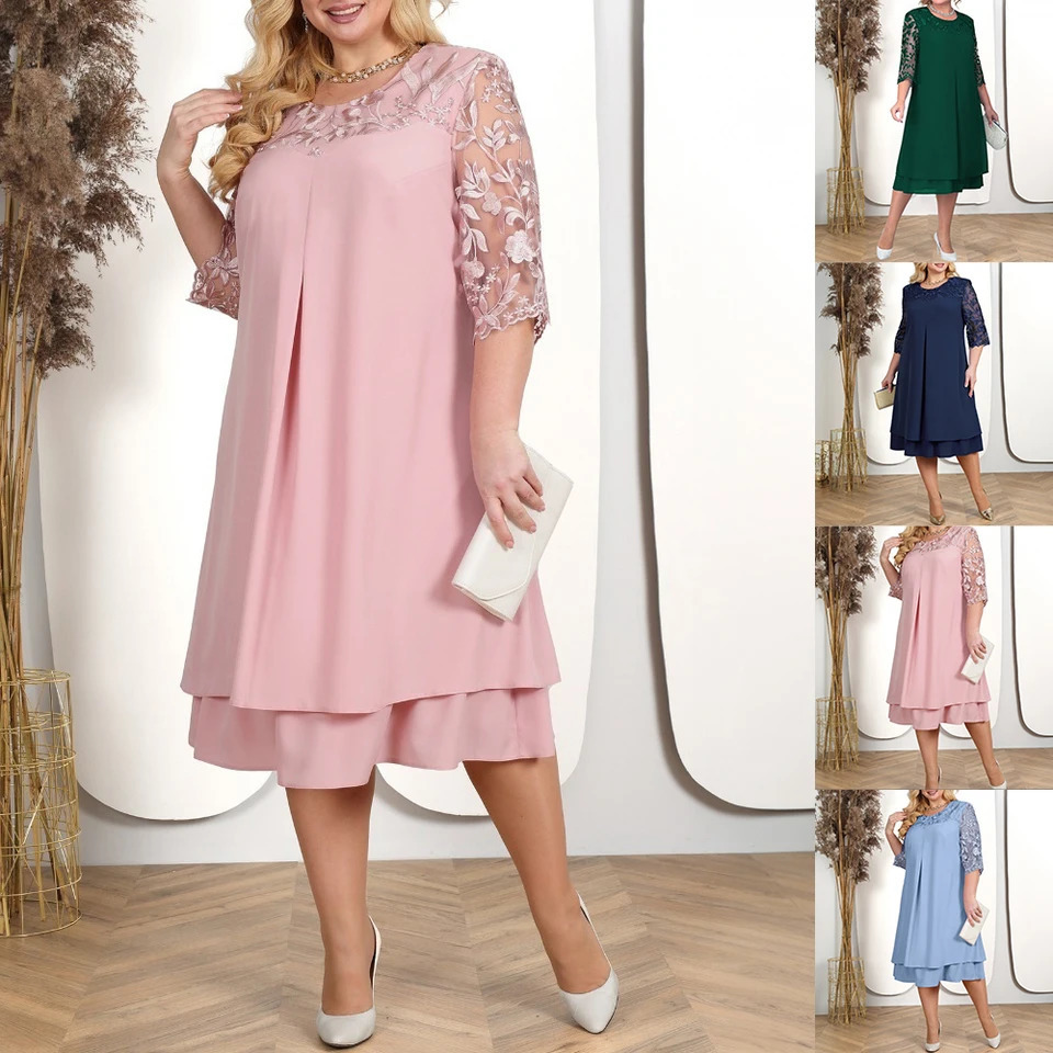 Womens plus size dress hollow lace half sleeved elegant womens dress vest wedding evening dress 241211