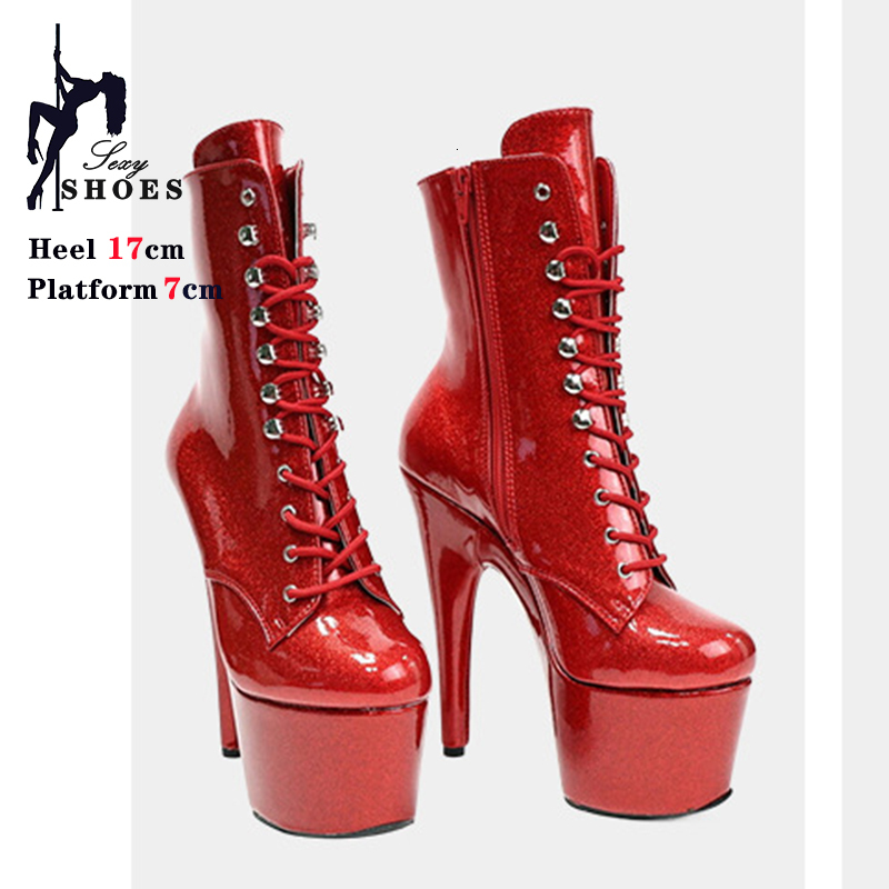 Bg Glitter Women 17Cm/7Inches Pole Dancing Shoes Thin Lace-Up Nightclub Heels Exotic Platformstripper Ankle Boots