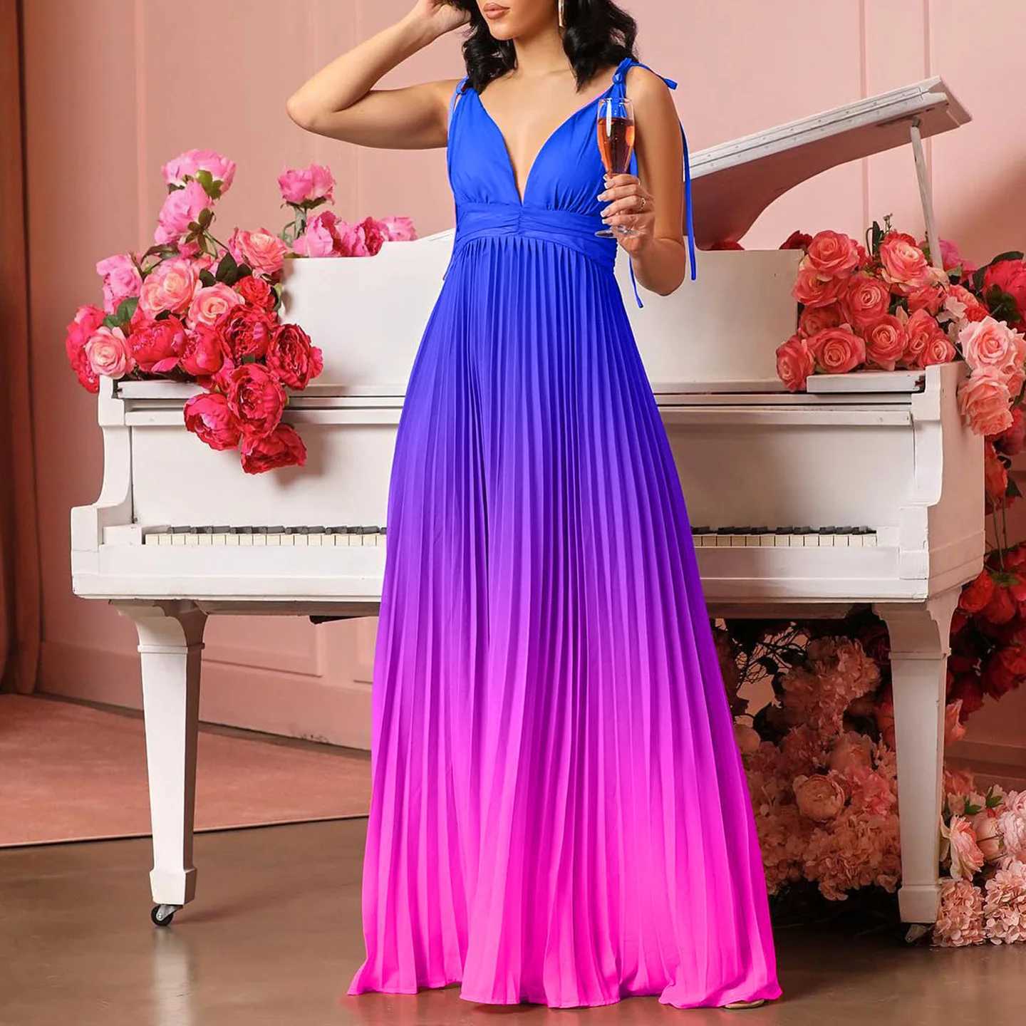 Urban Sexy Dresses Women Dress Sexy Long Dresses Pleated Sling Slveless Slim Fit V Neck High Waist Elegant Splice Gown Gradient Vestidos Y2412122AFN