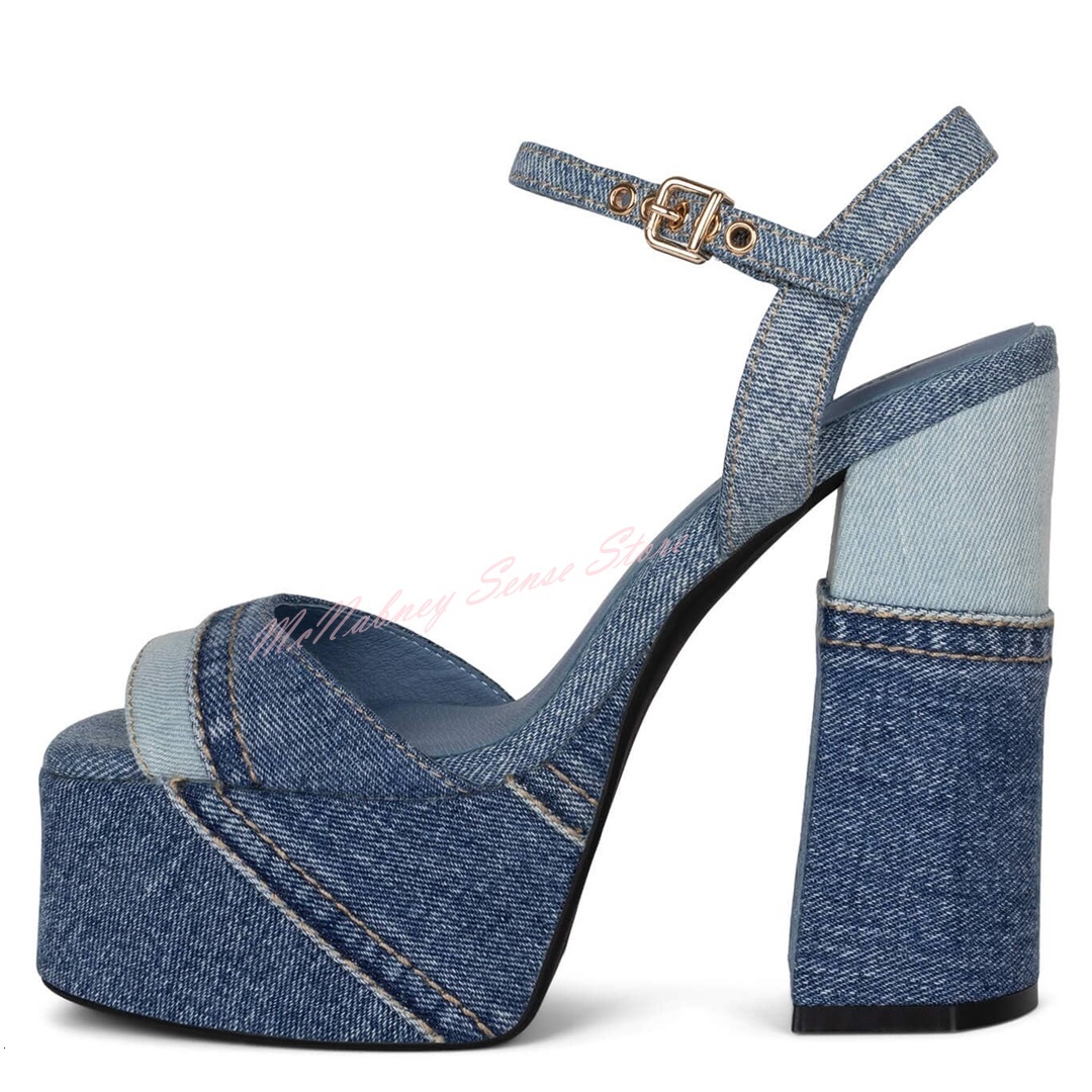 Denim Patchwork Open Toe Platform Buckles Strap Thick High Heels Sandals Women Sexy Summer Party Designer Shoes