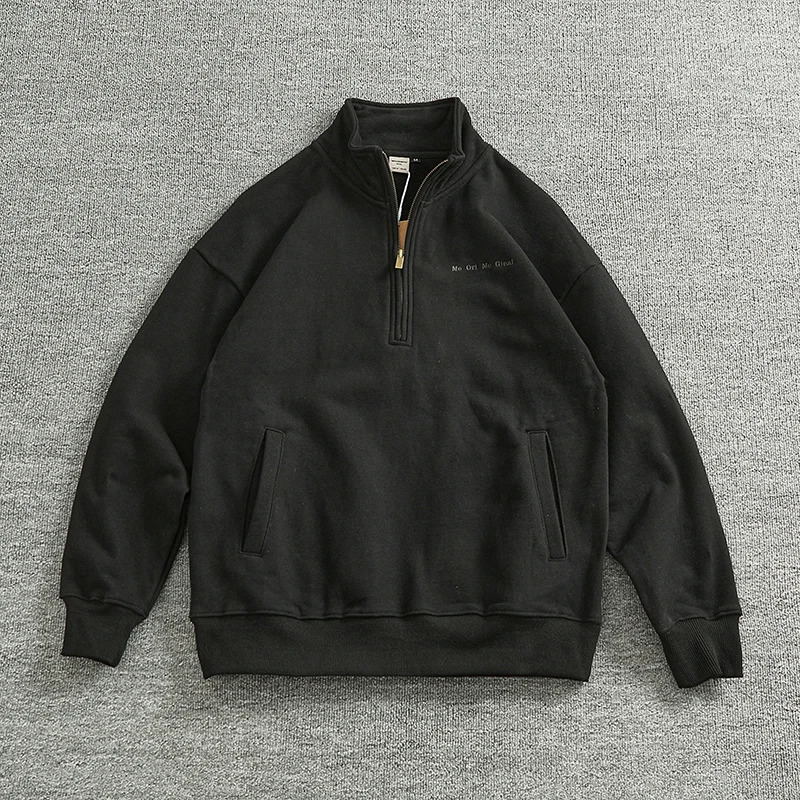 Autumn and Winter Thick Wool Hoop and Wool Hoodie Mens Retro Zipper Half Collar Casual Coat Trendy 241211