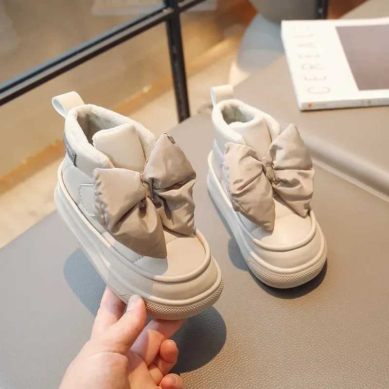 Boots Girls Bow Hook Loop Versatile Soft Princess Shoes Autumn Winter New Children Fashion Kids 2024 Non-slip H241212SY4A