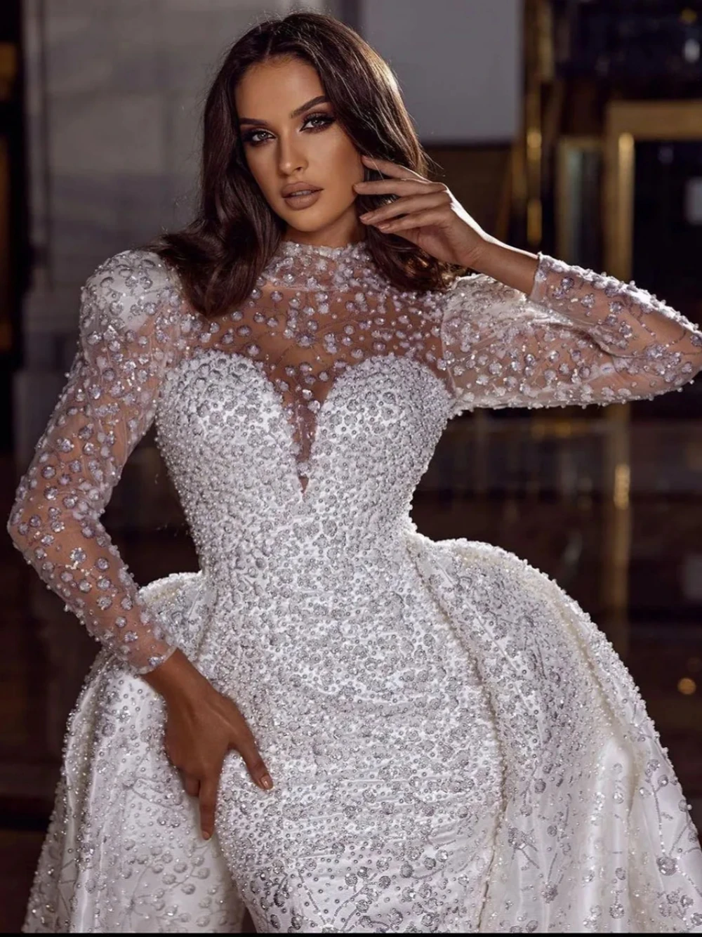 Vintage Mermaid Wedding Dresses For Women High Collar Long Sleeves Gown Sequins Applique Detachable Train Customized Dress Party Vestido De Novia