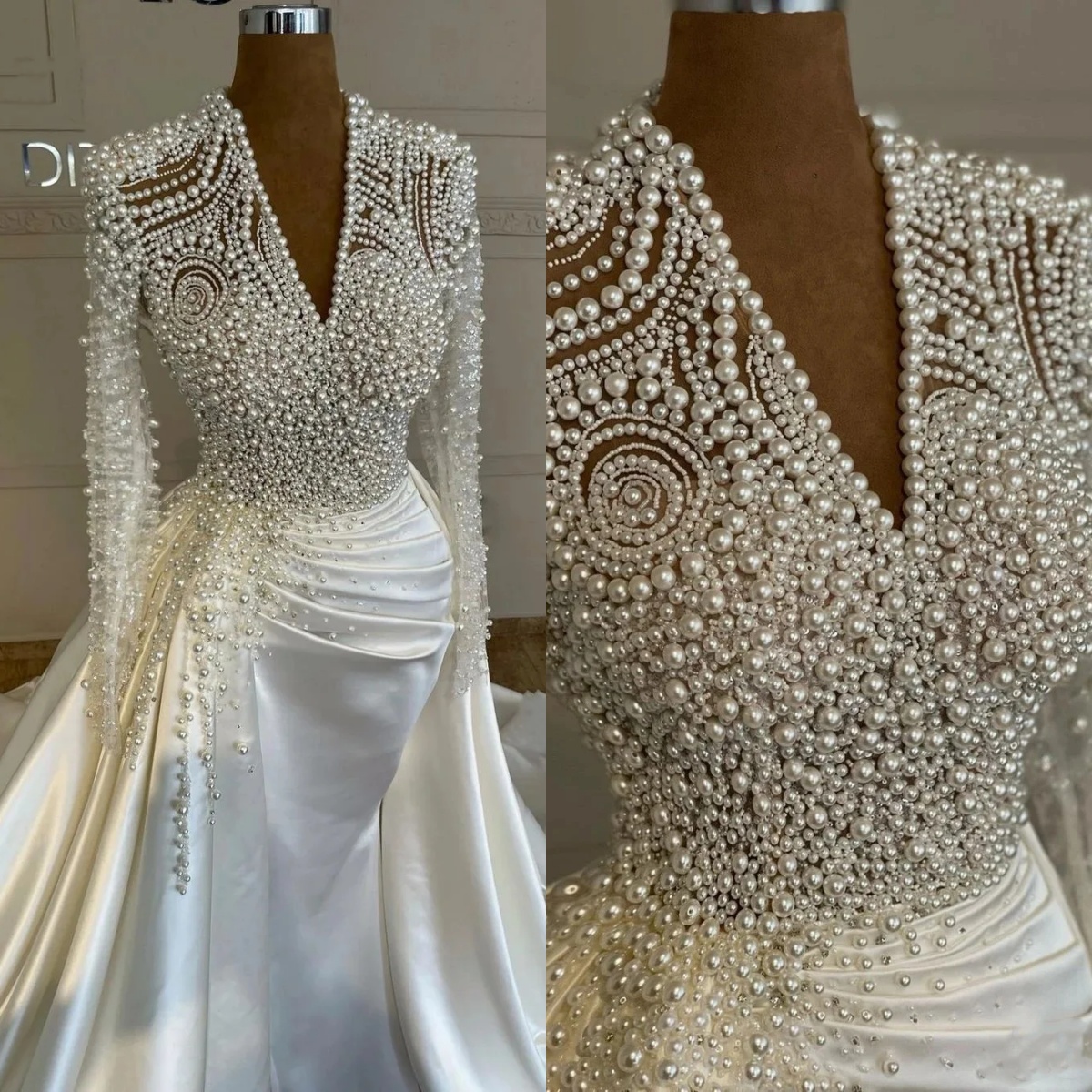 Mermaid Wedding Dresses For Women V Neck Long Sleeves Gown Pearls Pleat Detachable Train Customized Dress Party Vestido De Novia