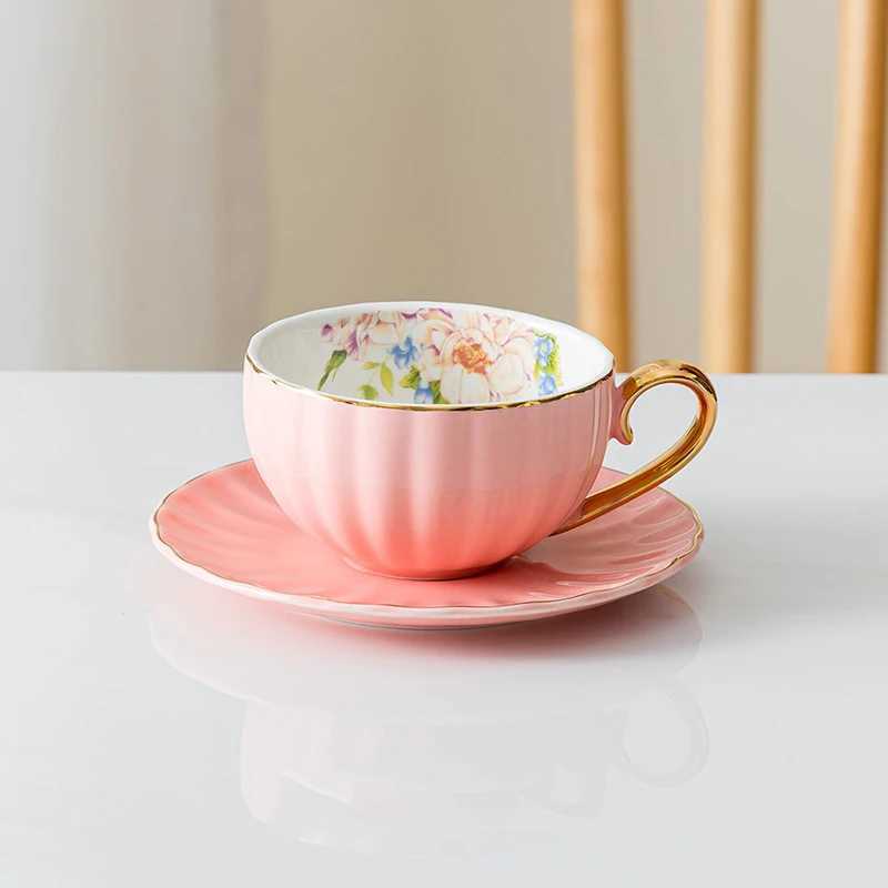230ml European lightweight luxury ceramic cup and plate afternoon tea gold-plated edge coffee cup plate flower patterned coffee cup set Y241211