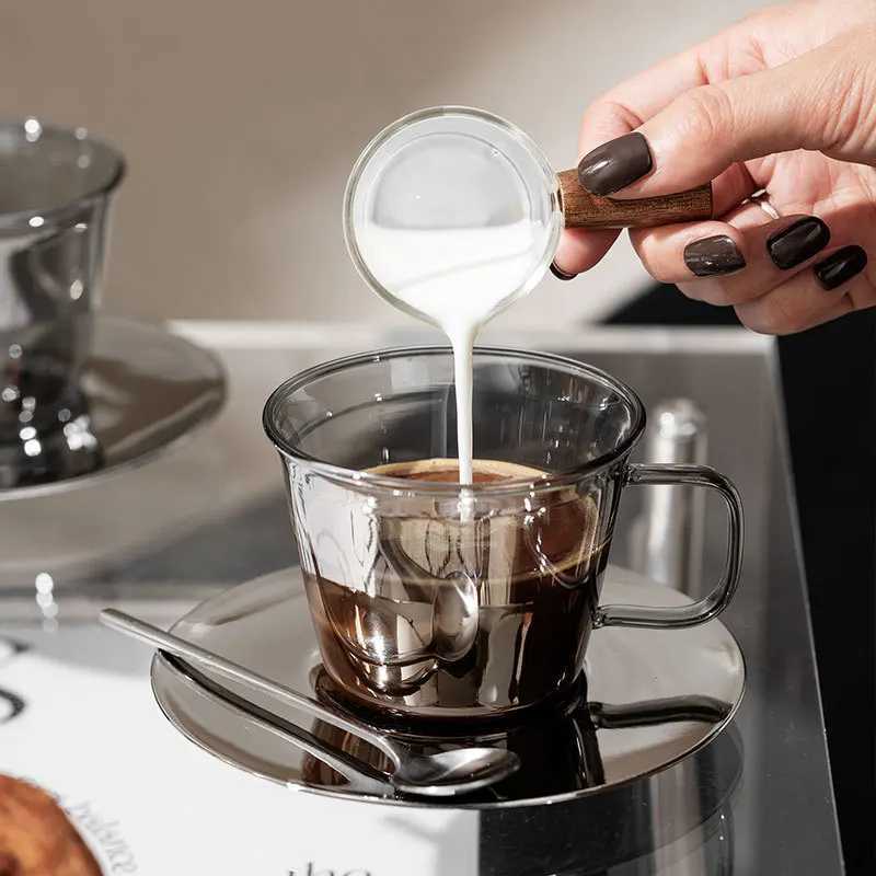 250ml coffee cup and plate set retro light smoke gray transparent coffee cup afternoon tea cup set with spoon Y241211