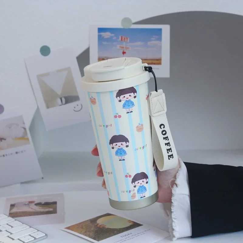 500ML stainless steel inflatable water bottle cartoon ceramic lined coffee cup cute student water cup travel beverage water bottle Y241211