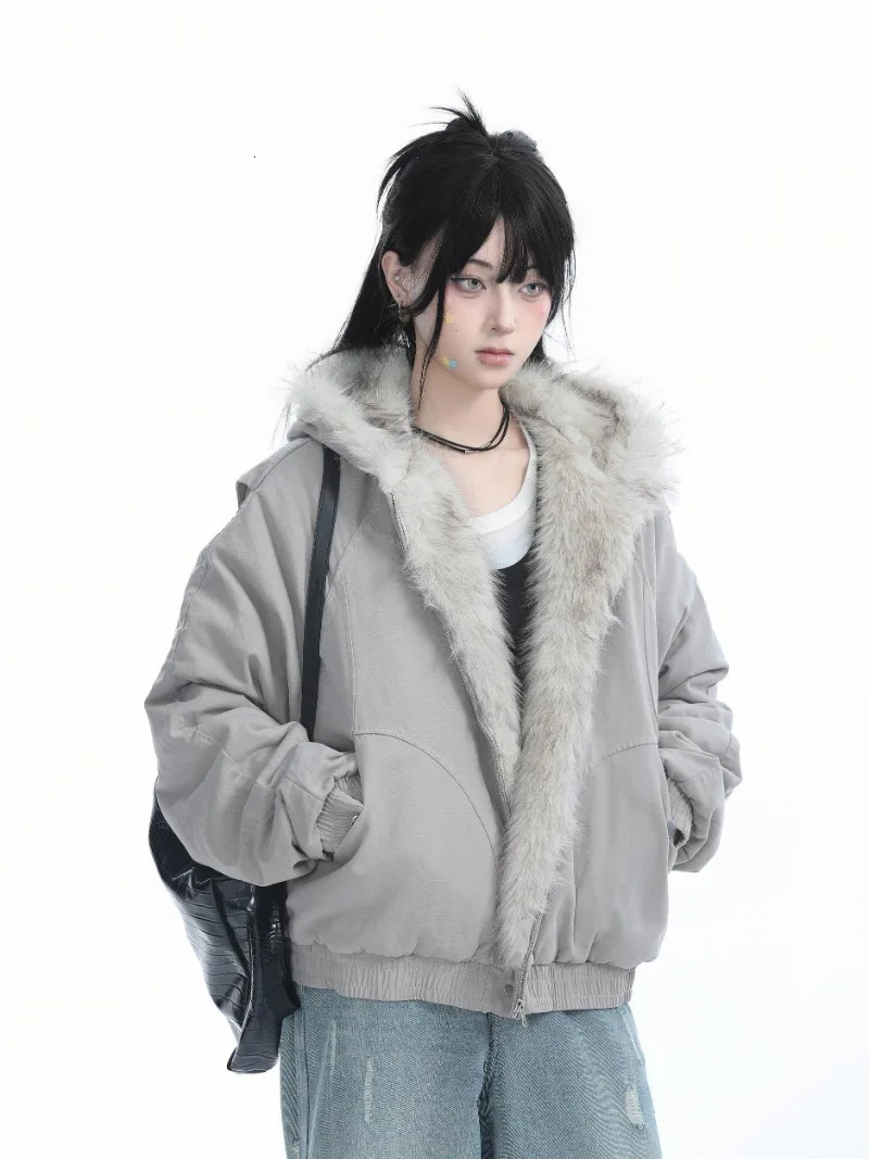 Y2K fashion niche fur collar cotton hooded jacket womens retro streetwear loose and velvet warm Harajuku casual plush jacket 241210