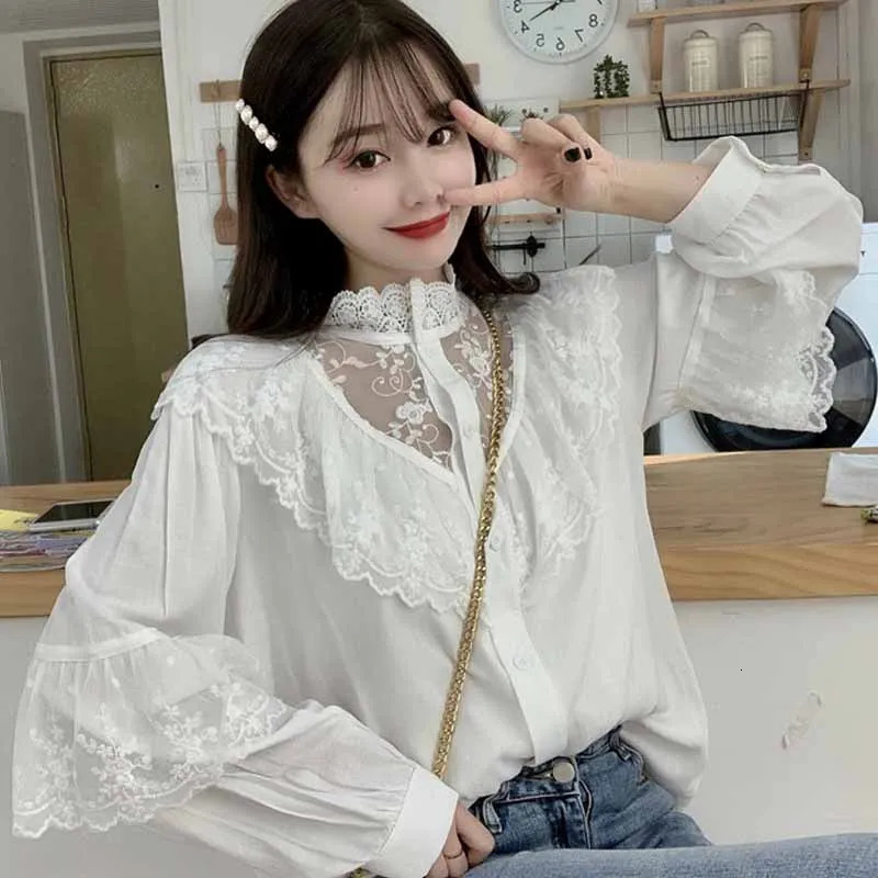 Fashion ruffled autumn lace top womens top collar womens top retro lace shirt Korean sweet loose dress womens 11335 241211