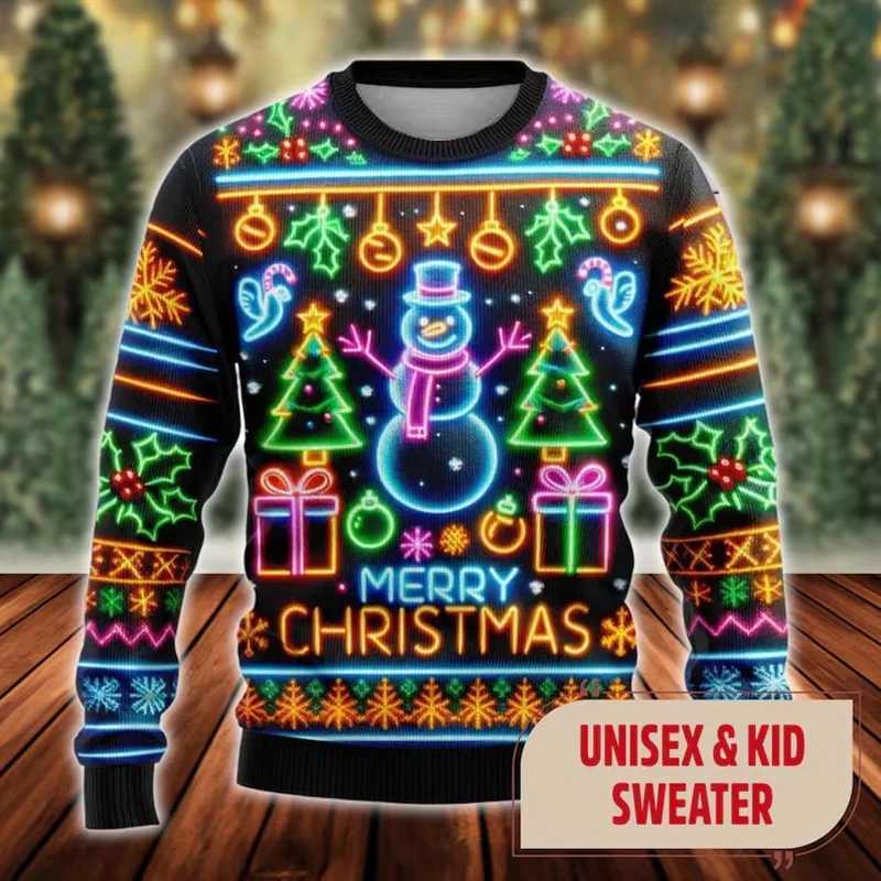 3D printed Christmas ugly sweater with colorful patterns mens holiday Pullover top snowman gingerbread 2025 fashion trend sweater W2401211