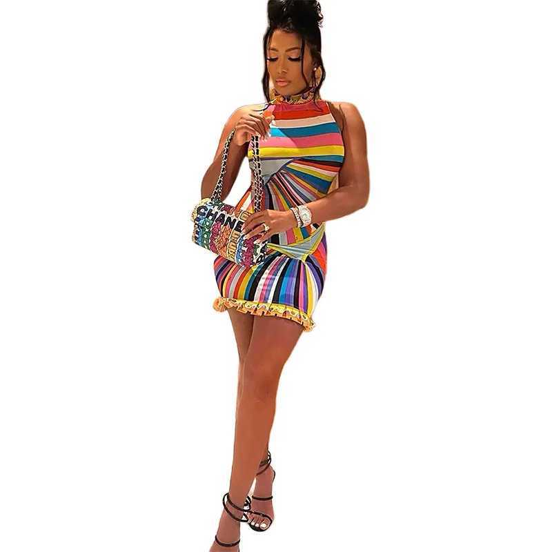 Urban Sexy Dresses Colorful Print Bodycon Mini Dresses Women Slveless Turtleneck Unique Ruched Trend Chic Birthday Party Hip Skirks Y24121275FB