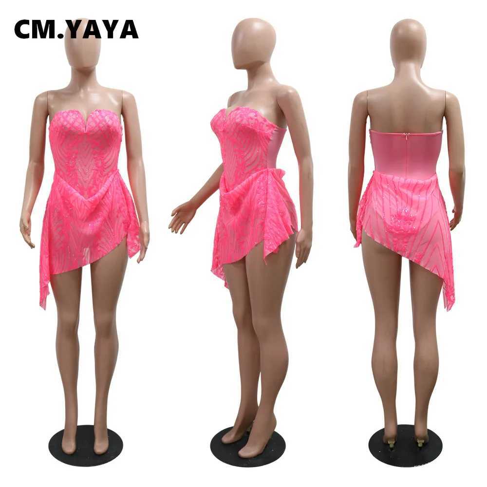 Urban Sexy Dresses CM.YAYA Women Strapless V-neck Fashion Sequined Sexy Dress Mesh S Through 2025 Summer Night Club Evening Party Mini Dresses Y241212
