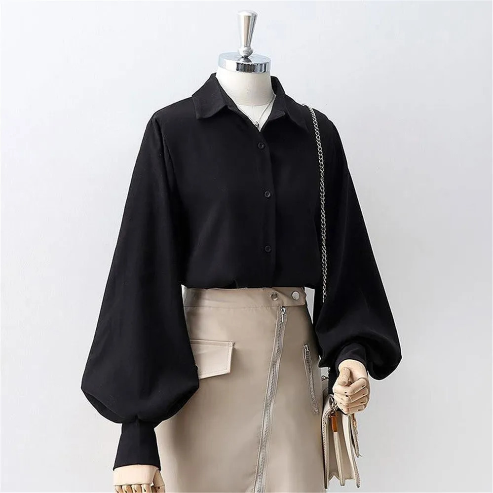 Korean style womens lantern sleeves loose collar simple solid womens shirt autumn full matching fashion 241211