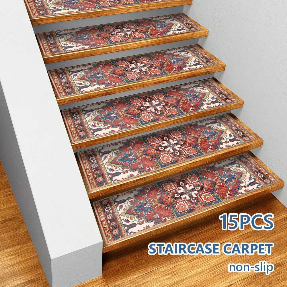 15PCS 76x21cm Home Indoor Soft Self-adhesive Stair Stepping Mat Bohemian Non-slip Stair Carpet Protector Rug for Pet Kids ElderXJ241211
