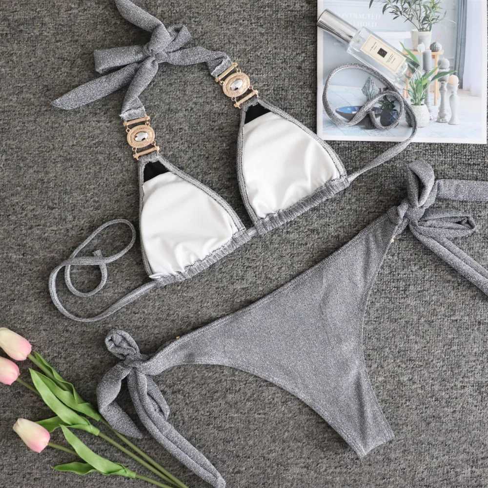 2024 Shiny Rhinestone Bikini Diamond Swimsuit Women Metal Chains Swimwear Fa Two Pieces Bikini Set Halter Bathing Suit SwimXJ241212