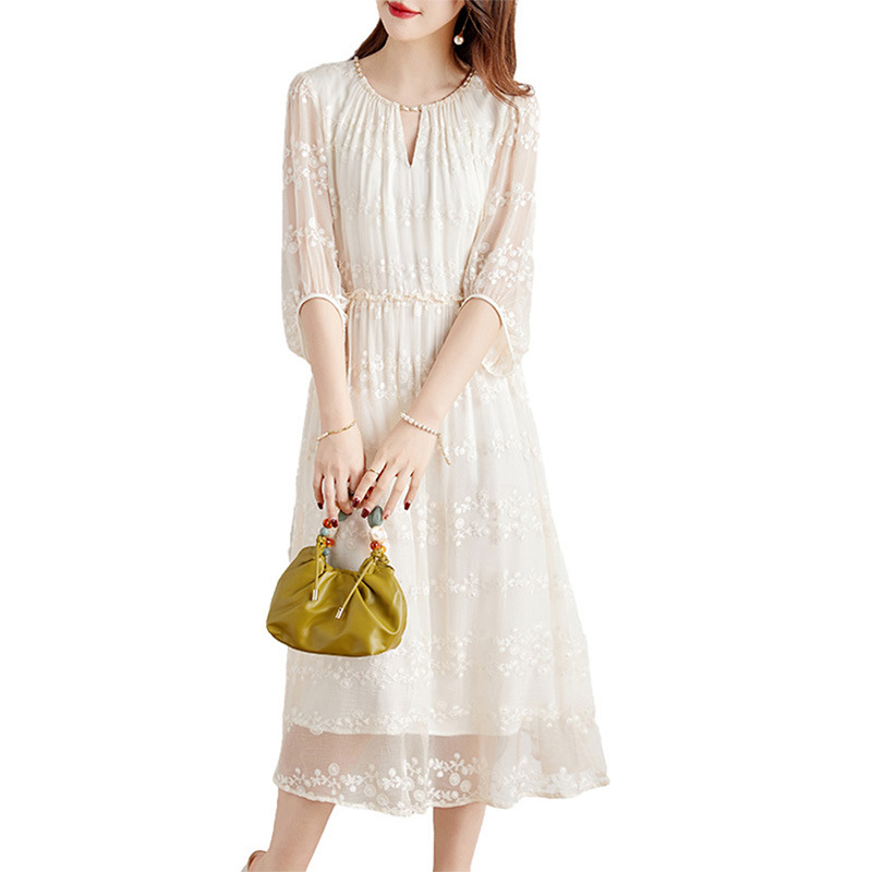 G171 Silk embroidery rich lady style skirt mulberry silk dress French white medium and long size women's clothing summer