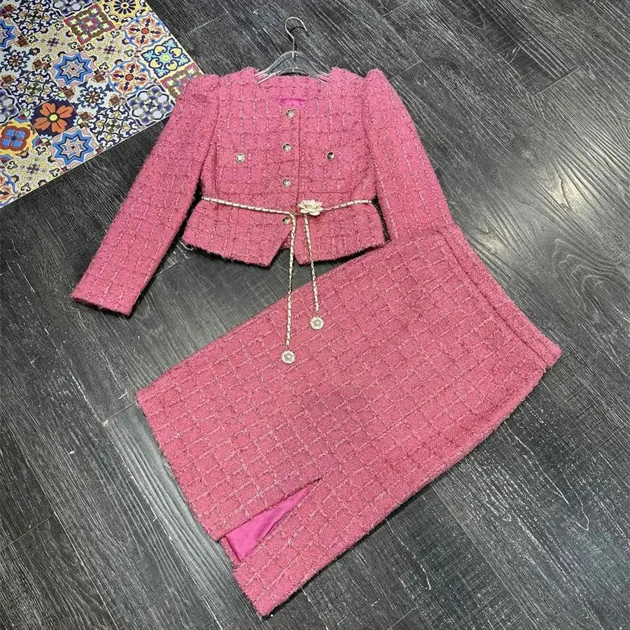 TwoPiece Set for Women Cropped Tweed CoatSplit Half Skirt Elegant Female Slim Fitting Suit Casual and Trendy Spring 241211