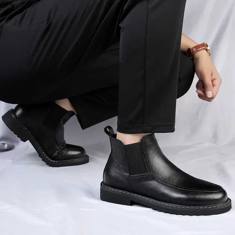 Cowhide Mens Chelsea Boots Autumn Winter Genuine Leather Boots High-quality Mens Short Boots Platform Boots Botines HombreXJ241212