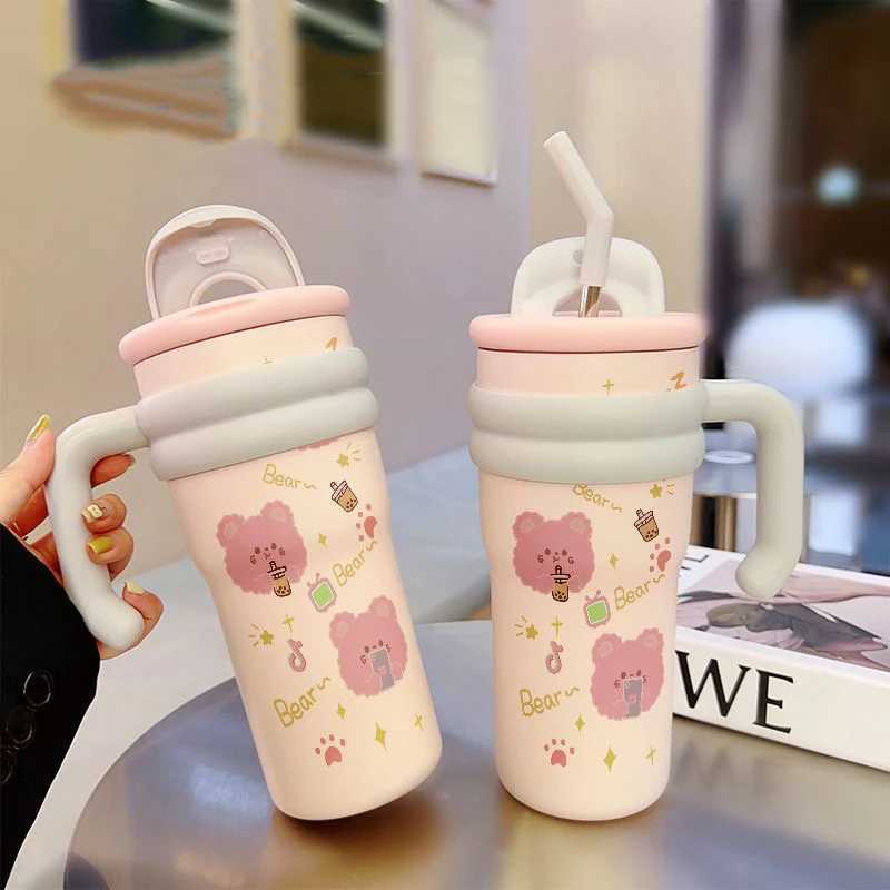 Cute Boba Bear Hot G Kawaii Coffee Cup Large Hot Water Bottle for Tea 700ml Gym Water Bottle with Handle Straw Gift Y241211