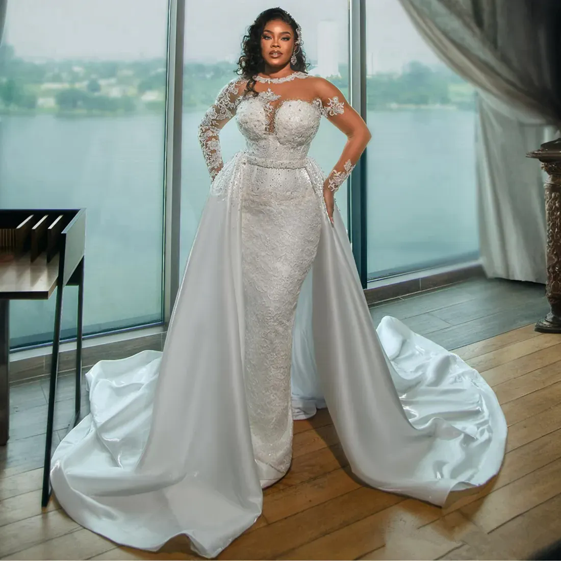 Plus Size Illusion Mermaid Wedding Dresses Long Sleeves Bridal Gowns With Detachable Train Beaded Lace Wedding Gown for African Black Women Brides
