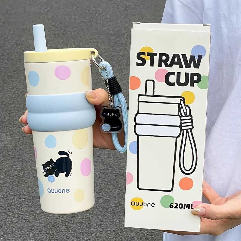 1Pc girl cute polka dot hot cup closed 620ml coffee cup with handle and straw easy to use when going out Y241211