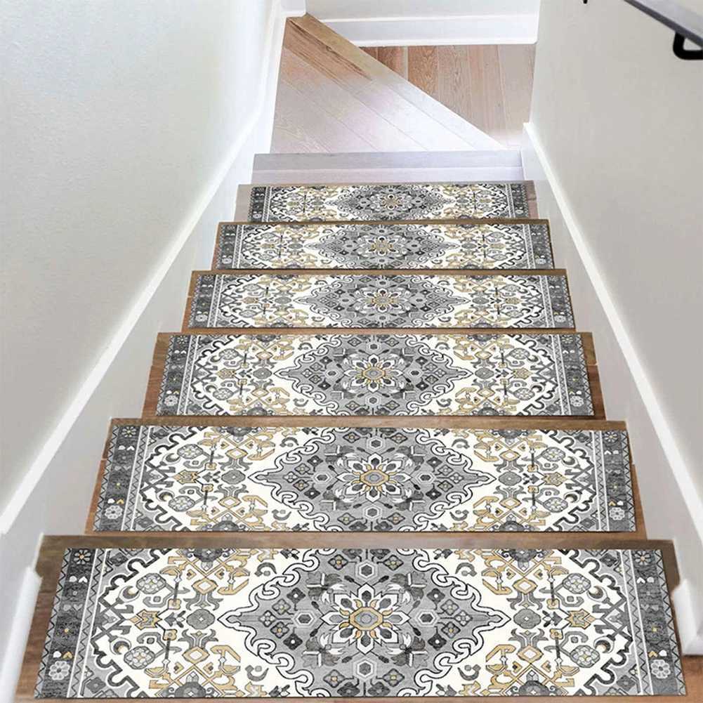 15PCS 76x21cm Home Indoor Soft Self-adhesive Stair Stepping Mat Bohemian Non-slip Stair Carpet Protector Rug for Pet Kids ElderXJ241211