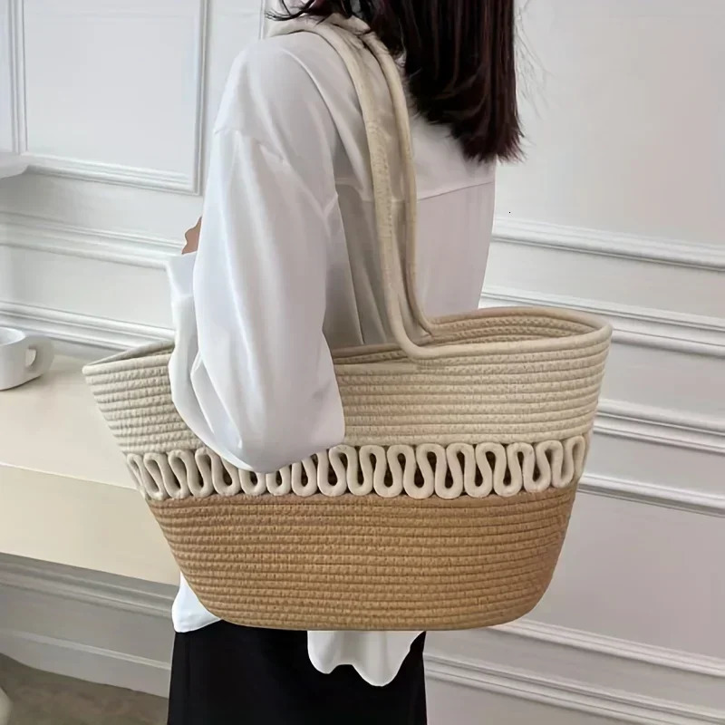 Knitting Kits Fabric Khaki Beach Bag Large Capacity Handmade Straw Summer Holiday Leisure Women Bags Shopping 241203