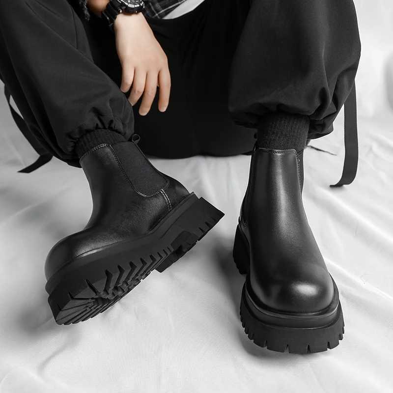 High Quality Fi Mens Boots Black Boots Fi Casual British Style Thick Bottomed Mid-top Chelsea Boots Large Size 38-45XJ241212